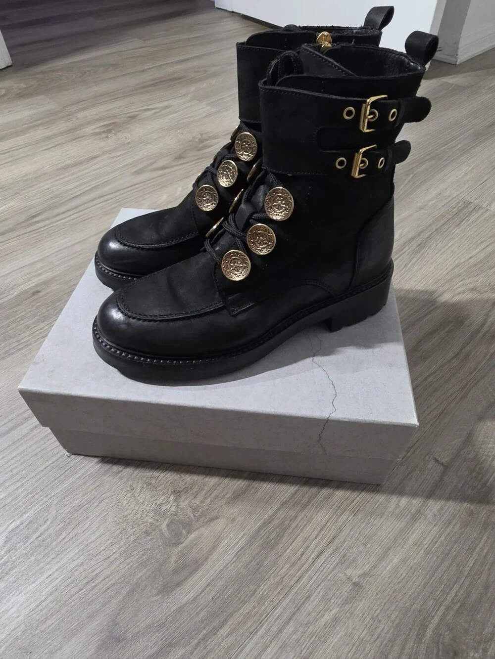 Designer Leather Combat Ankle Boots with Gold Button Accents